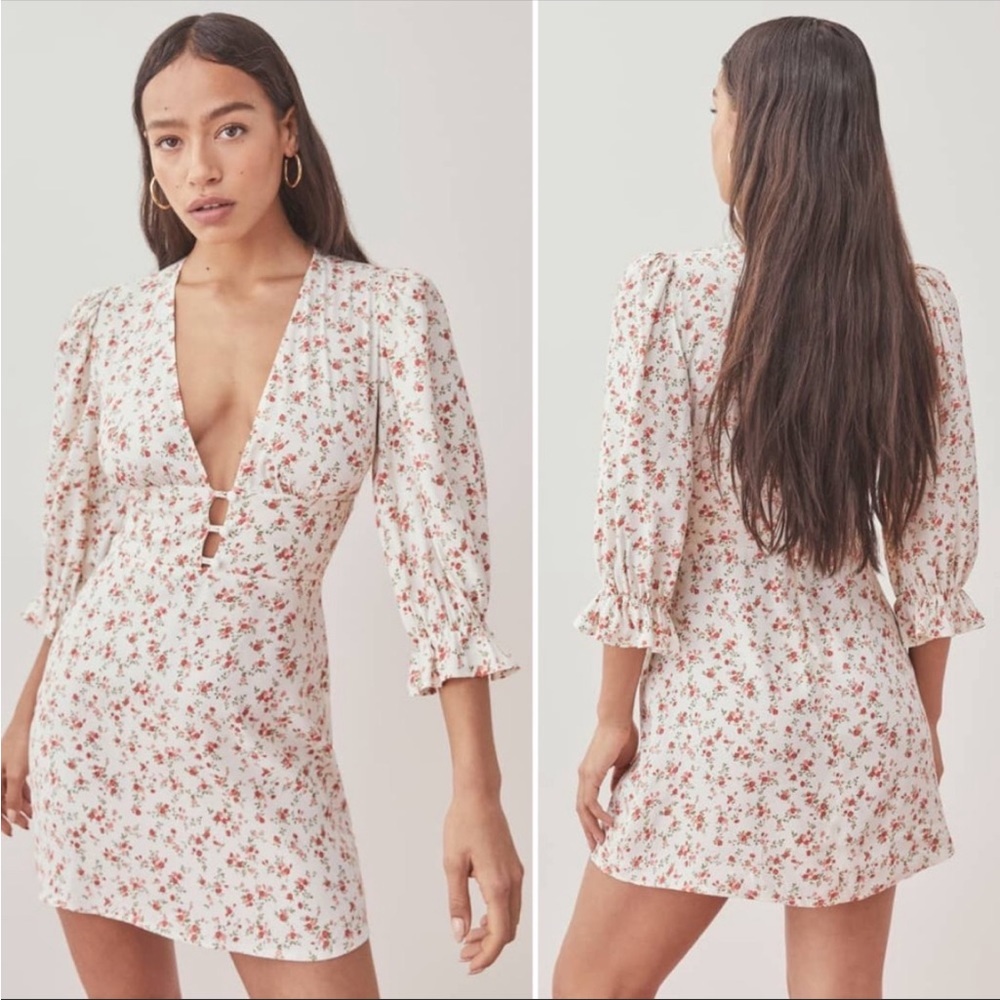 Reformation Cream Floral Mini Dress with Red Blossom Print
